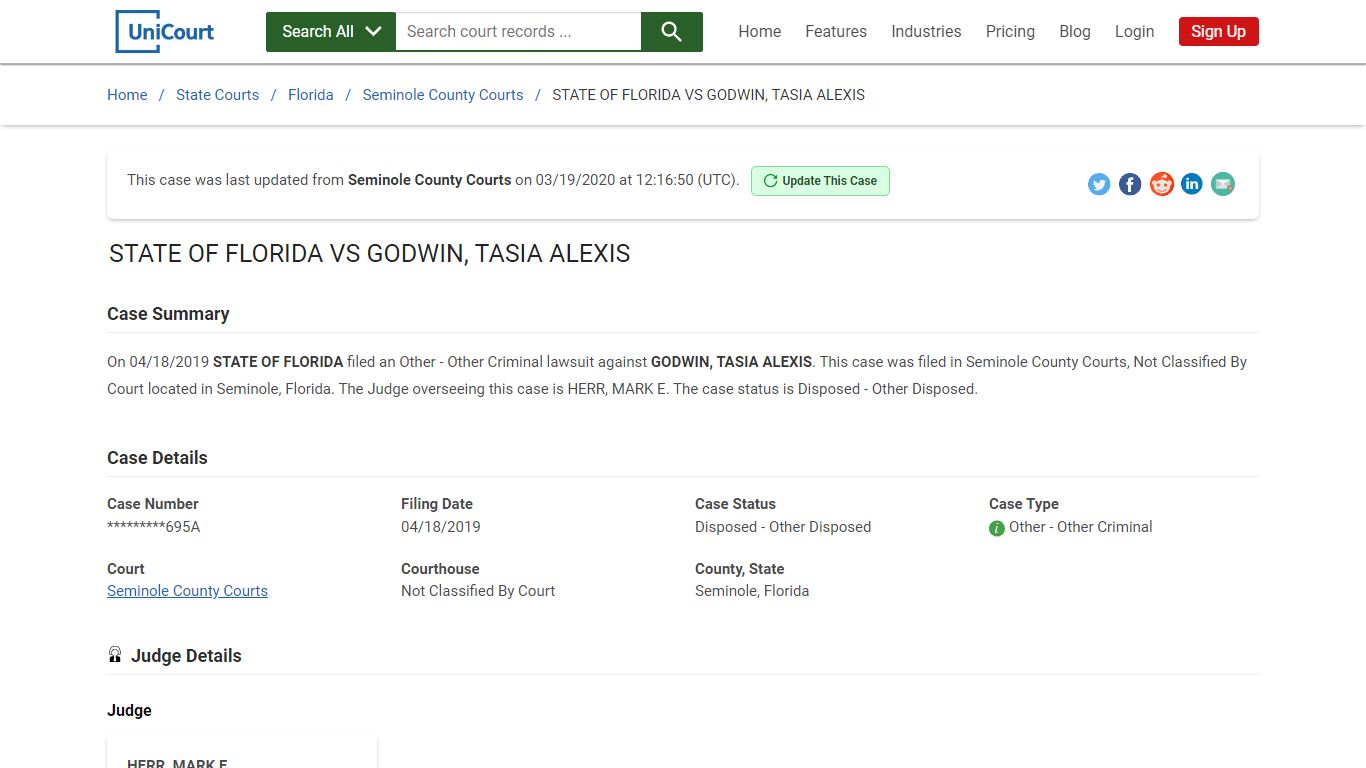 STATE OF FLORIDA VS GODWIN, TASIA ALEXIS | Court Records - UniCourt